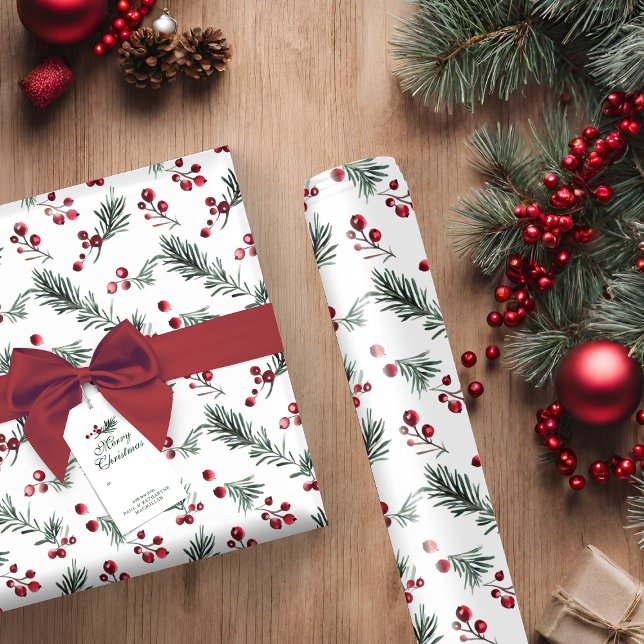 Papier Cadeau Rustique Elegant Noël Aquarelle Botanique (Rustic Elegant Christmas Watercolor Botanical Wrapping Paper)