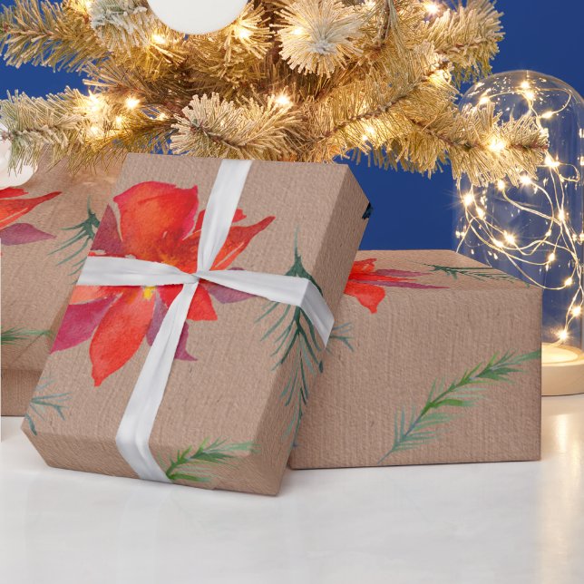 Papier Cadeau Rustique Kraft Couleur hiver Verdure & Poinsettia (Vacances)