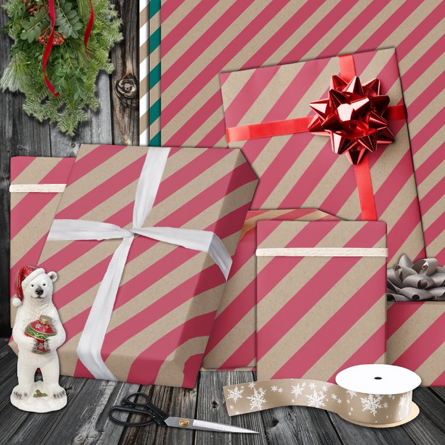 Papier Cadeau Rustique Kraft Dusty Red Wide Stripe Holiday (Rustic Kraft Dusty Red Wide Stripe Holiday Wrapping Paper in 6 & 15 foot long rolls in 30 inch width)