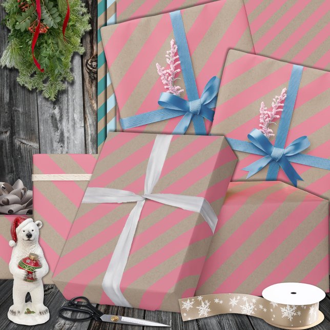 Papier Cadeau Rustique Kraft Dusty Rose rose large bande vacance (Rustic Kraft Dusty Rose Pink Wide Stripe Holiday Wrapping Paper in 6 & 15 foot rolls of 30 inch wide)