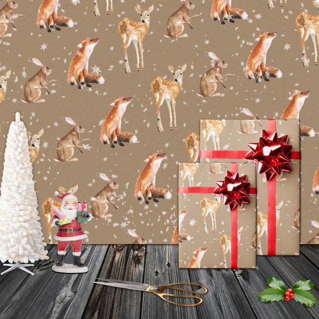 Papier Cadeau Rustique Kraft Élégant Snowy Animaux d'hiver (Rustic Kraft Elegant Snowy Winter Animals Christmas Holiday Gift Wrapping Rolls: Matte or Glossy)