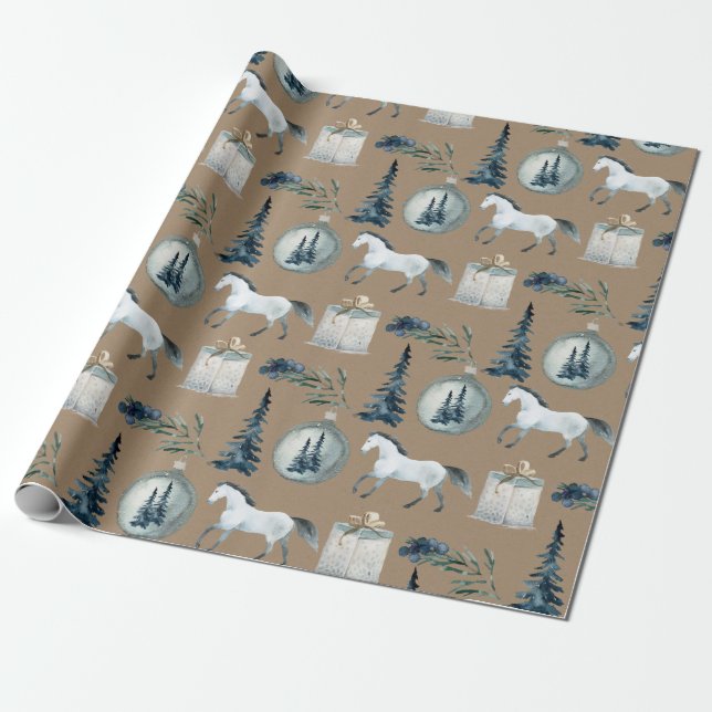 Papier Cadeau Rustique Kraft Hivernal Cheval Blanc & Épinette Bl (Déroulé)