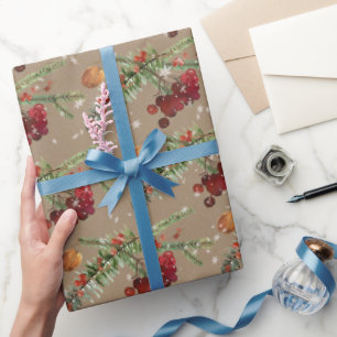 Papier Cadeau Rustique Kraft Holiday Highbush Canneberges & épin