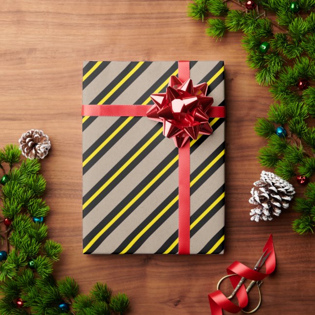 Papier Cadeau Rustique Kraft Jaune Noir Vacances Large Bande (Cadeau de vacances)