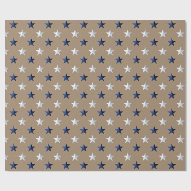 Papier Cadeau Rustique Kraft Navy Blue Silver Stars (Plat)