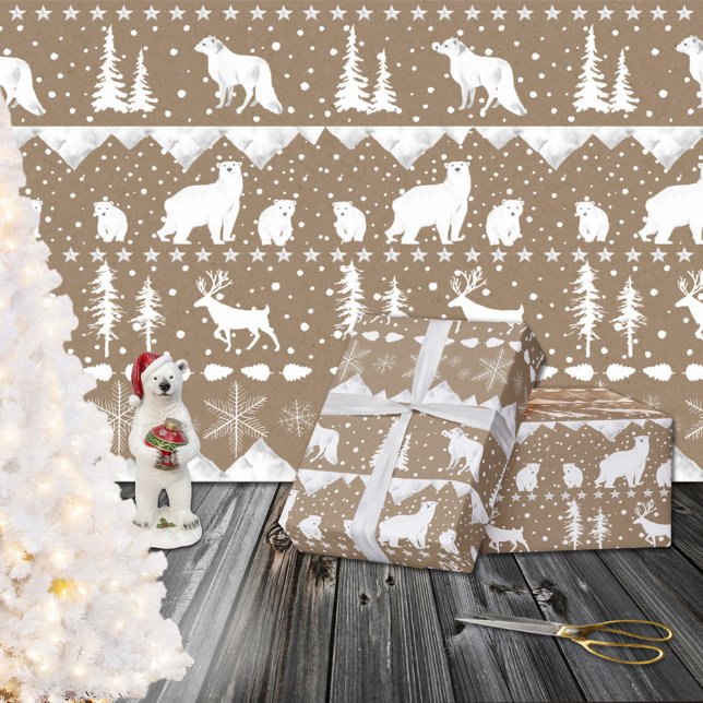 Papier Cadeau Rustique Kraft Nordic Sweater Blanc Animaux d'hive (Rustic Kraft Nordic Sweater White Winter Animals Christmas Holiday Gift Wrapping Paper Rolls)