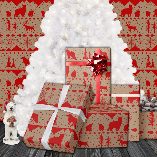 Papier Cadeau Rustique Kraft Nordic Sweater Red Winter Animaux (Rustic Kraft Nordic Sweater Red Winter Animals Christmas Holiday Gift Wrapping Paper Rolls)