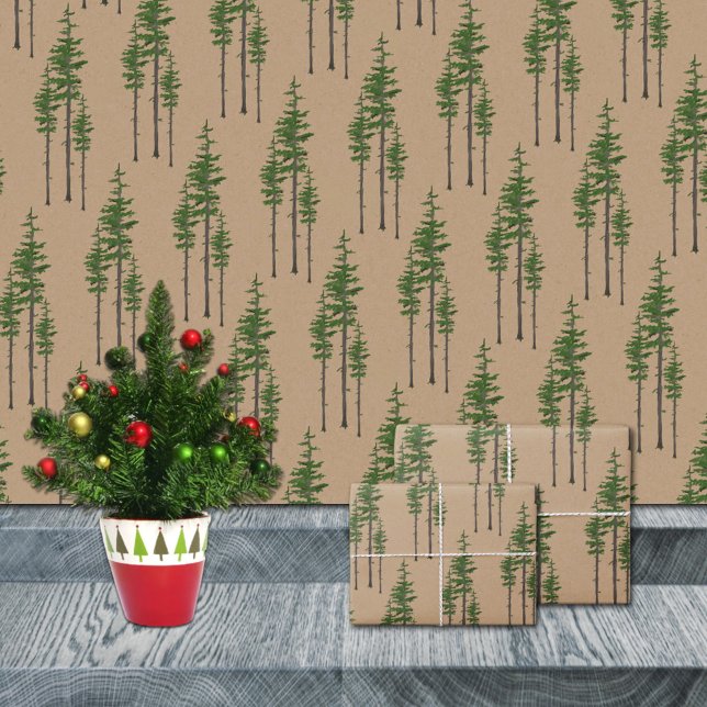 Papier Cadeau Rustique Kraft Pine Orientale Forêt forestière (Rustic Kraft Eastern Pine Tree Woodland Forest Christmas Holiday Gift Wrapping Paper Rolls)