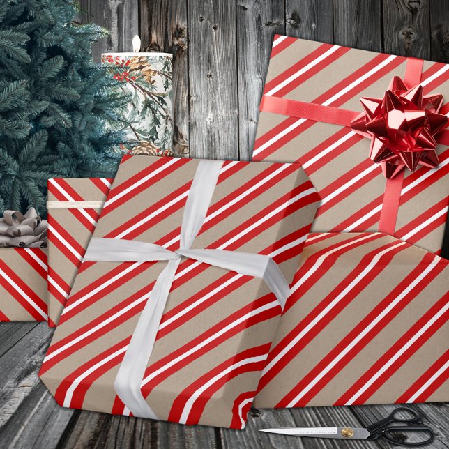 Papier Cadeau Rustique Kraft Rouge Blanc Vacances à grande bande (Rustic Kraft Red White Wide Stripe Holiday Wrapping Paper in 6 & 15 foot long 30 Inch Width Rolls
)
