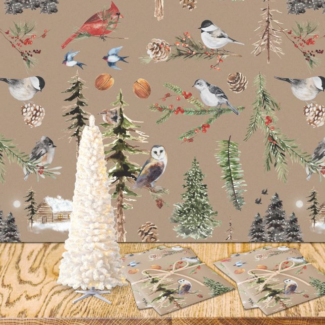 Papier Cadeau Rustique Kraft Tout Bois Oiseaux d'hiver (Rustic Kraft Everything Woodland Winter Birds Wrapping Paper Rolls)