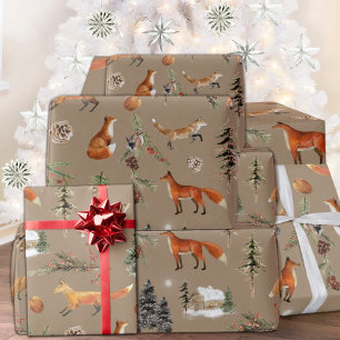 Papier Cadeau Rustique Kraft Tout Forêt Bois Rouge Renards