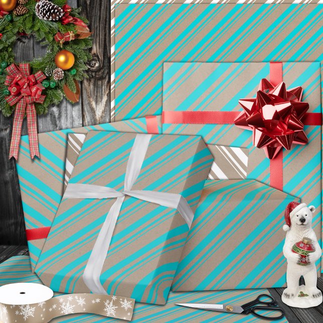 Papier Cadeau Rustique Kraft Turquoise Aqua Blue Stripes vacance (Turquoise Blue Candy Cane Stripe Holiday Wrapping Paper Rolls in 6 and 15 foot rolls.)