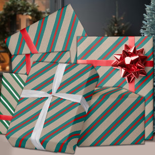 Papier Cadeau Rustique Kraft Turquoise Vert Rouge Large bande Va