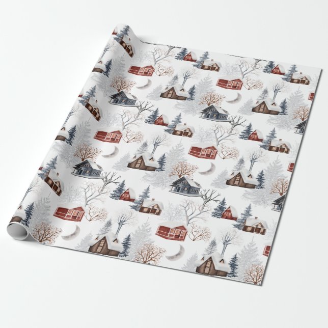 Papier Cadeau Rustique neige Noël Forêt d'hiver Cabine cadeau (Déroulé)