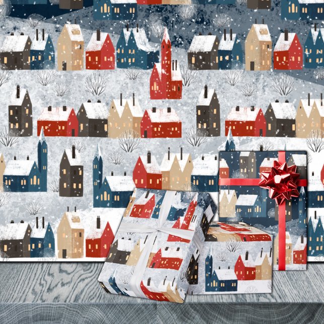 Papier Cadeau Rustique Nordic Snowy Winter Mountain Village (Rustic Nordic Snowy Winter Mountain Village Christmas Holiday Wrapping Paper Rolls)