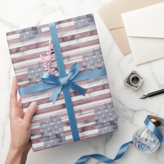 Papier Cadeau Rustique Rouge Blanc Bleu Bois motif américain (Cadeaux)
