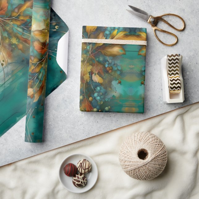 Papier Cadeau Rustique Turquoise automne Sprig feuille floral (Artisanat)