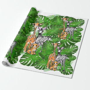 Papier Cadeau Safari amis, girafe, zèbre, tigre, palme feuilles
