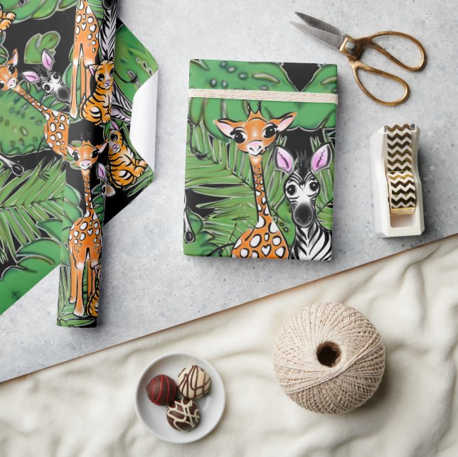 Papier Cadeau Safari amis, girafe, zèbre, tigre, palme feuilles (Artisanat)