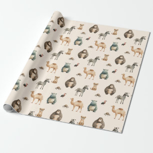 Papier Cadeau Safari Animaux Zebra Lion Camel Hippo