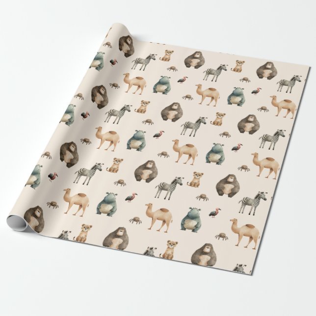 Papier Cadeau Safari Animaux Zebra Lion Camel Hippo (Déroulé)