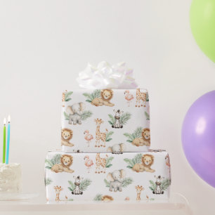 Papier Cadeau Safari Éléphant Girafe Zèbre Flamant rose Lion Ani