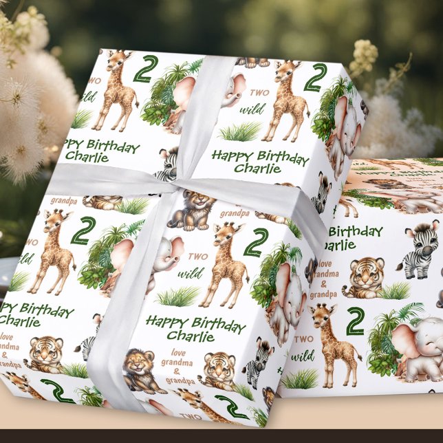 Papier Cadeau Safari Jungle Animaux Deux Sauvages 2ème Anniversa (Safari Jungle Animals Two Wild 2nd Birthday Name Wrapping Paper)