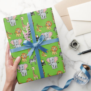 Papier Cadeau Safari Tropical Jungle Animaux Vert Motif