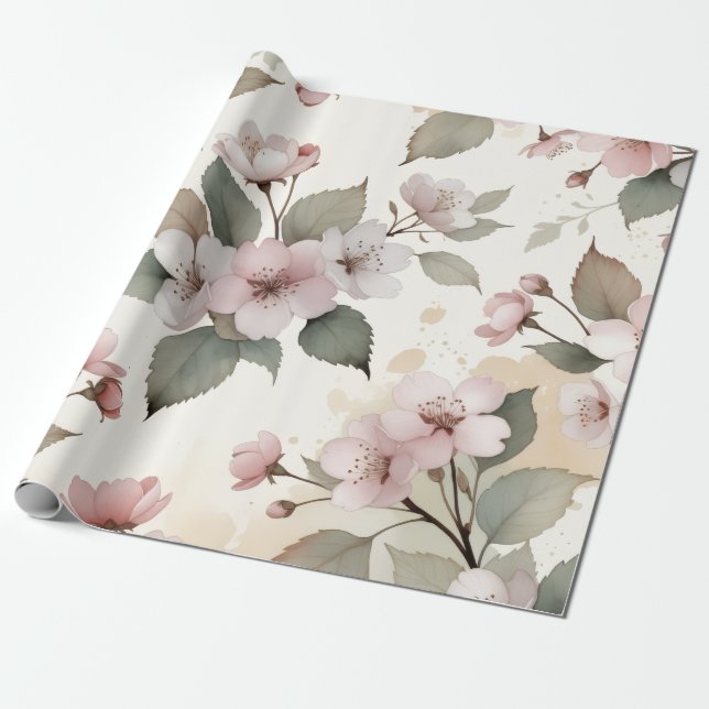 Papier Cadeau Sage Green Cherry Blossom Easter Gift Wrap (Déroulé)