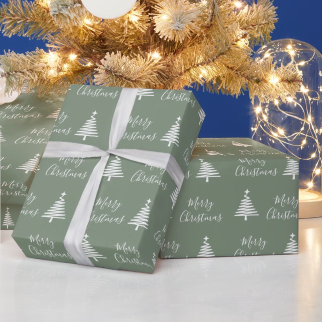 Papier Cadeau Sage Green Joyeux Noël Blanc Arbre de Noël (Vacances)