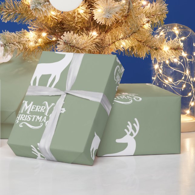 Papier Cadeau Sage Green Merry Christmas Deer  (Vacances)