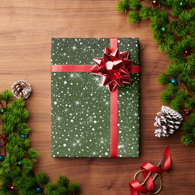Papier Cadeau Sage Rustique Green & Galaxy Stars Falling Snow (Cadeau de vacances)