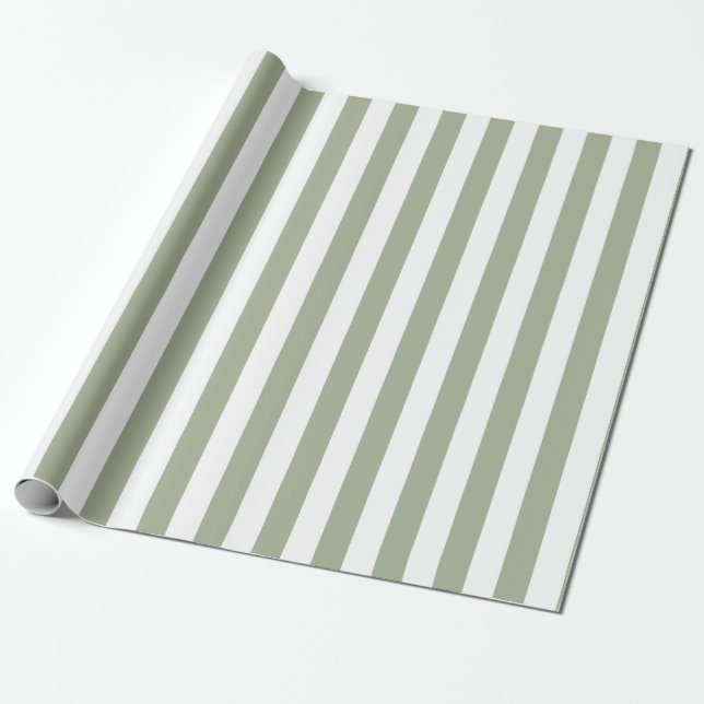 Papier Cadeau Sage Vert et Blanc Bandes verticales (Déroulé)