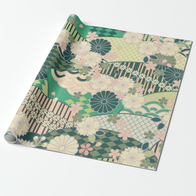 Papier Cadeau Sage Vert rose Japonais Kimono Floral Découpage (Déroulé)