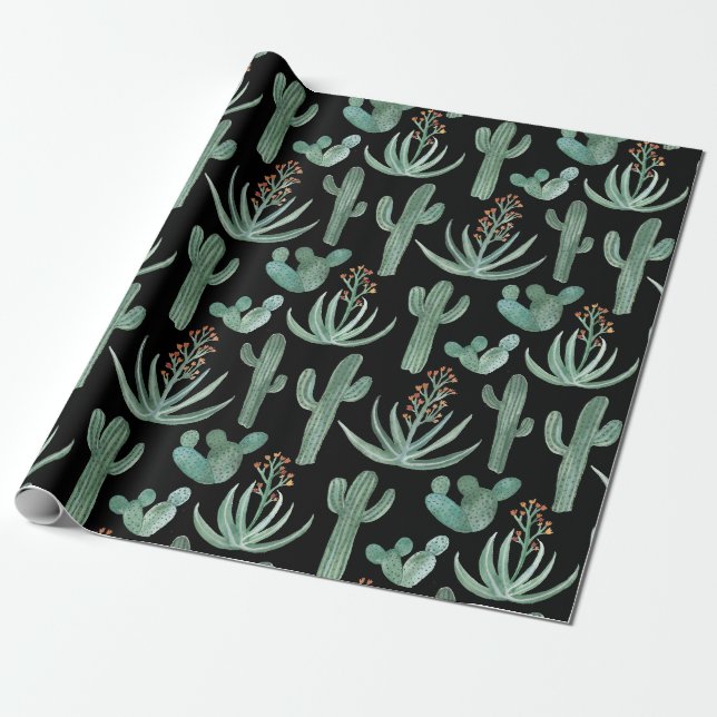 Papier Cadeau Saguaro Cactus Désert Aloe Plantes noir (Déroulé)