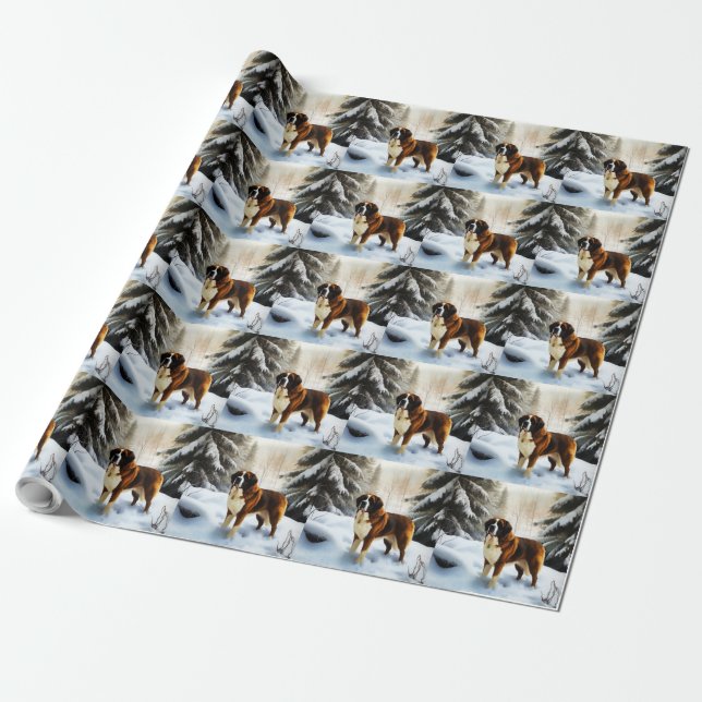 Papier Cadeau Saint Bernard Laisser Neige Noël (Déroulé)