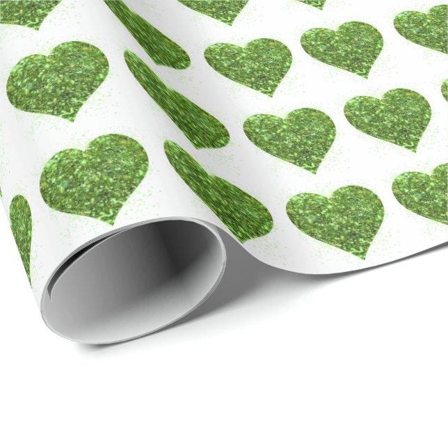 Papier Cadeau Saint Patrick's day, coeur vert irlandais scintill (Coin rond)