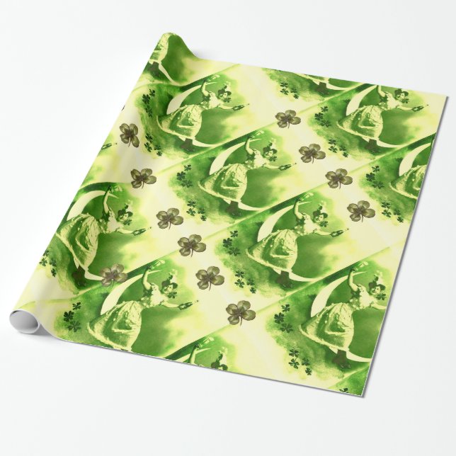 PAPIER CADEAU SAINT PATRICK'S DAY LUNE LADY AVEC SHAMROCK (Déroulé)