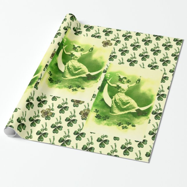 PAPIER CADEAU SAINT PATRICK'S DAY LUNE LADY AVEC SHAMROCK (Déroulé)