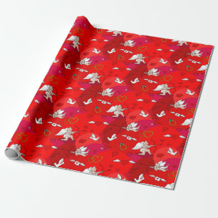 Papier Cadeau Saint-Valentin Ailes Cupidantes Coeur Rouge Rose