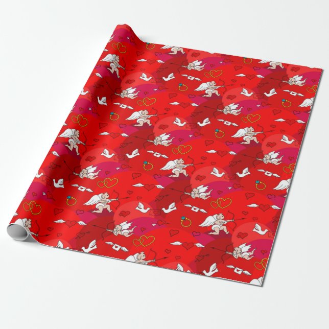 Papier Cadeau Saint-Valentin Ailes Cupidantes Coeur Rouge Rose (Déroulé)