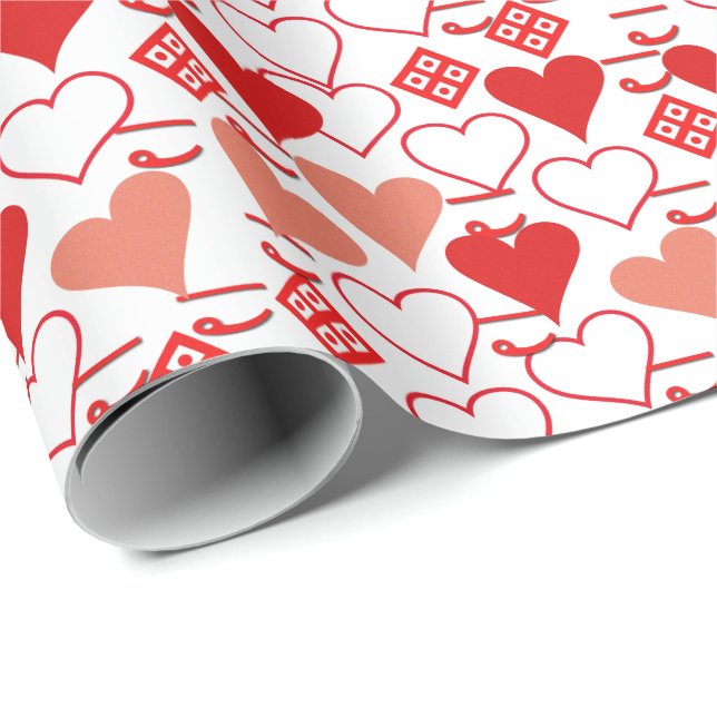 Papier Cadeau Saint Valentin Amour rose, rouge et Motif blanc (Coin rond)