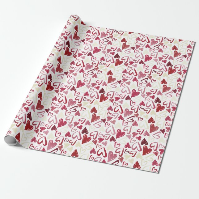 Papier Cadeau Saint Valentin Beau Coeurs rouges gribouillés (Déroulé)