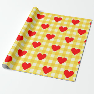 Papier Cadeau Saint Valentin Coeur rouge Jaune En vichy Motif
