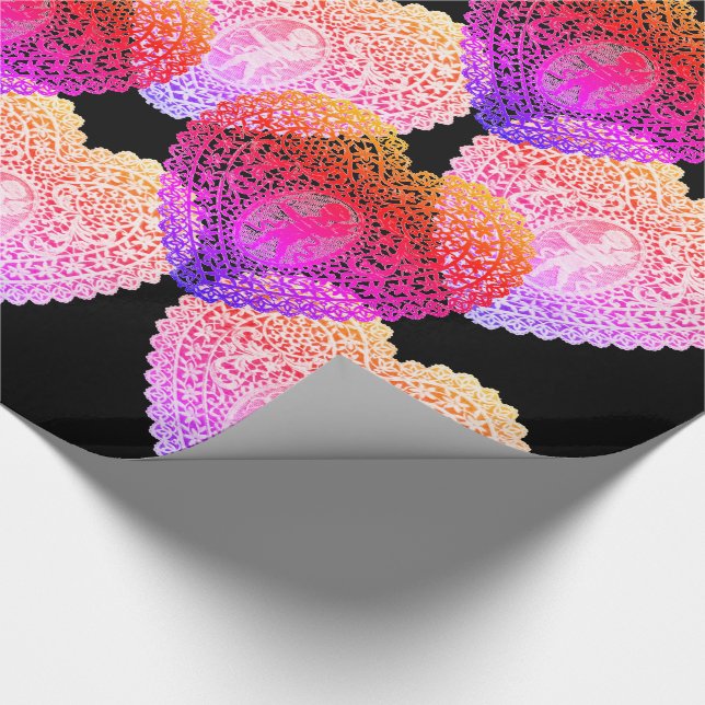 PAPIER CADEAU SAINT-VALENTIN CŒURS EN DENTELLE ROSE VIOLET NOIR  (Coin)