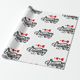 Papier Cadeau Saint-Valentin Coeurs rouges Typographie romantiqu