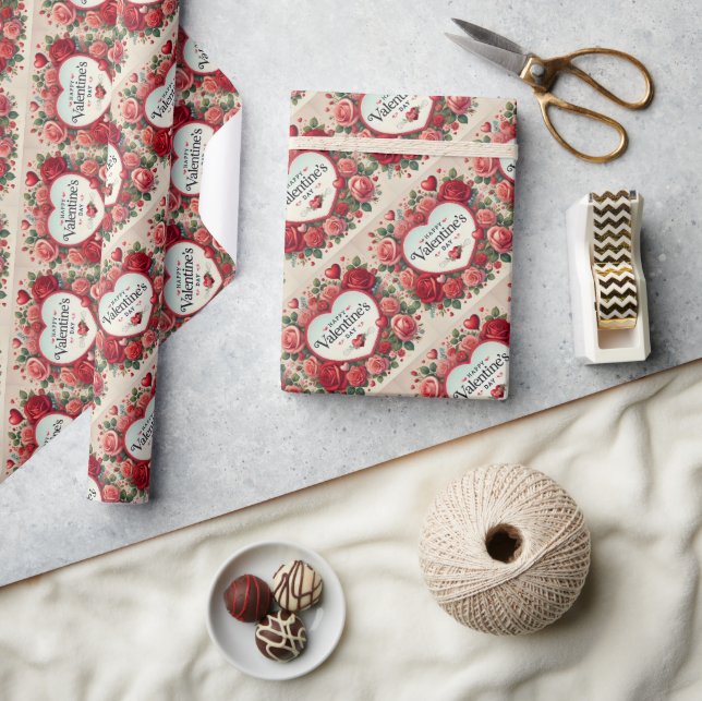 Papier Cadeau Saint Valentin Design avec Roses et Coeurs (Artisanat)