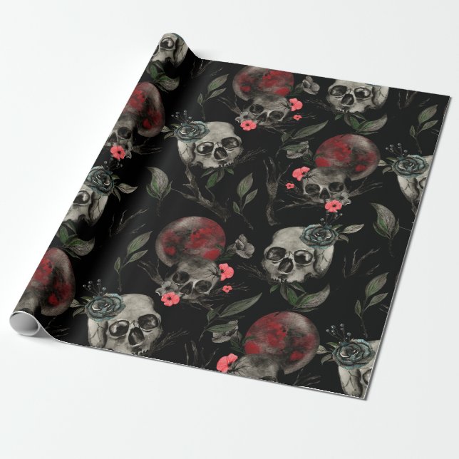 Papier Cadeau Saint-Valentin gothique Jour Crânes Rose noirs rou (Déroulé)