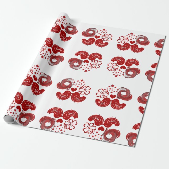 Papier Cadeau Saint Valentin Inséparables de coeur rouge (Déroulé)