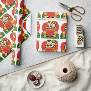 Papier Cadeau Saint-Valentin rétro, garçon et fille vintage dans